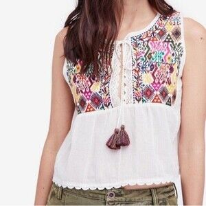 Free People Womens Boho Embroidered Tank Top Size Medium Cream Festival Peasant